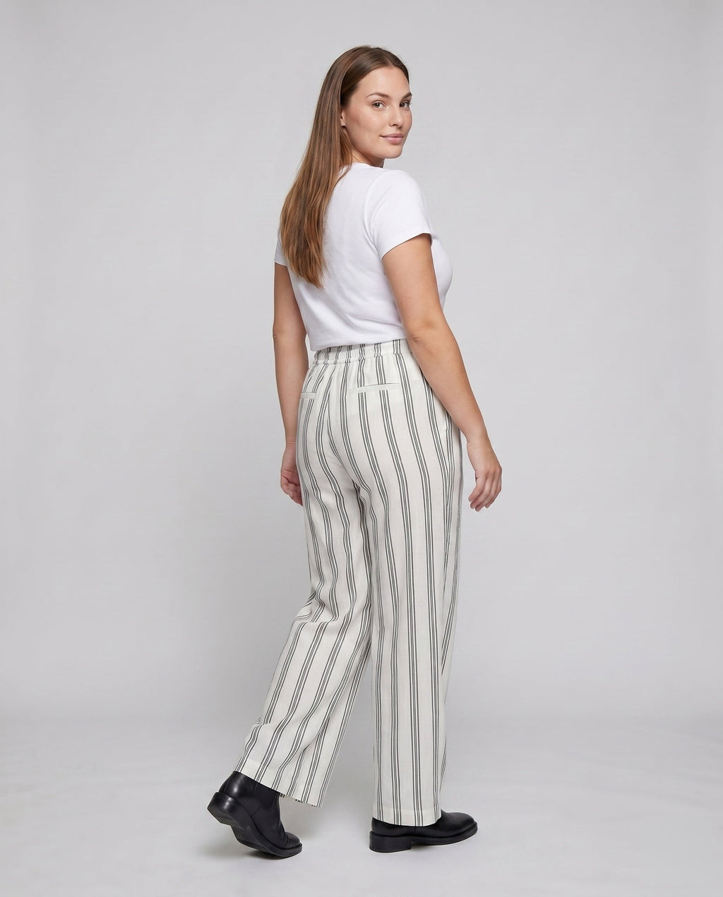 Women's Airy Linen Pants with Elegant Stripes - Back View