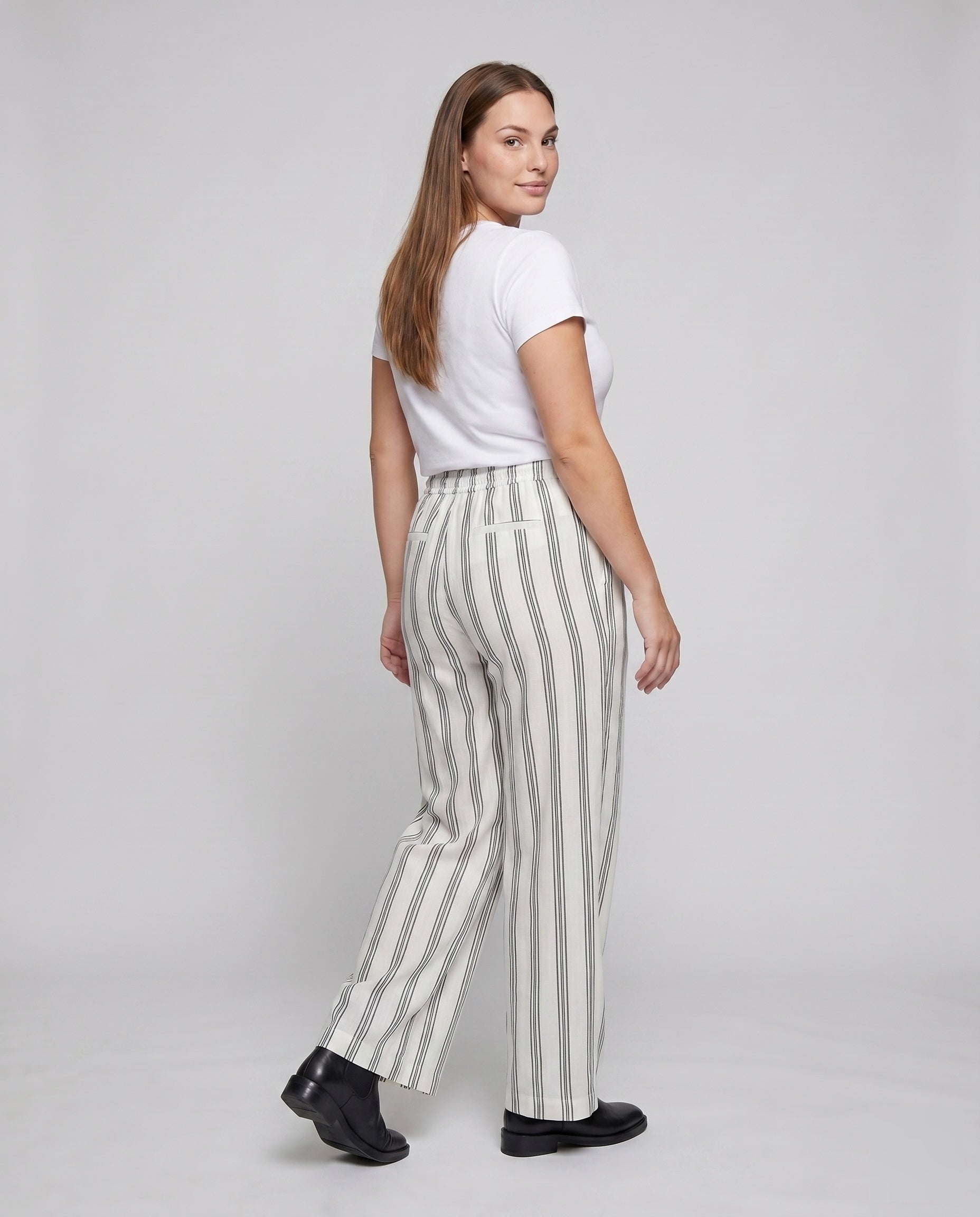 Women's Airy Linen Pants with Elegant Stripes - Back View