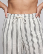 Women's Airy Linen Pants with Elegant Stripes - Close-Up Detail