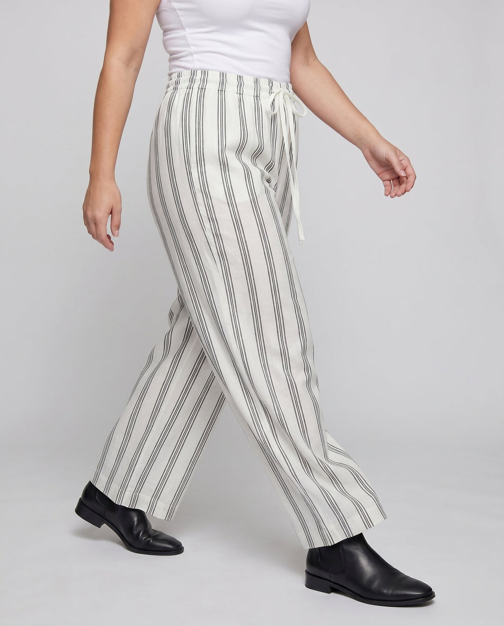 Women's Airy Linen Pants with Elegant Stripes - Lower Body View