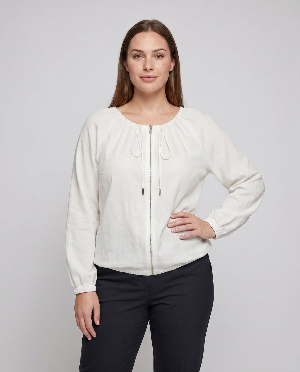 Women's Light Blouse Top with Drawstring and Casual Fit - Upper Body View