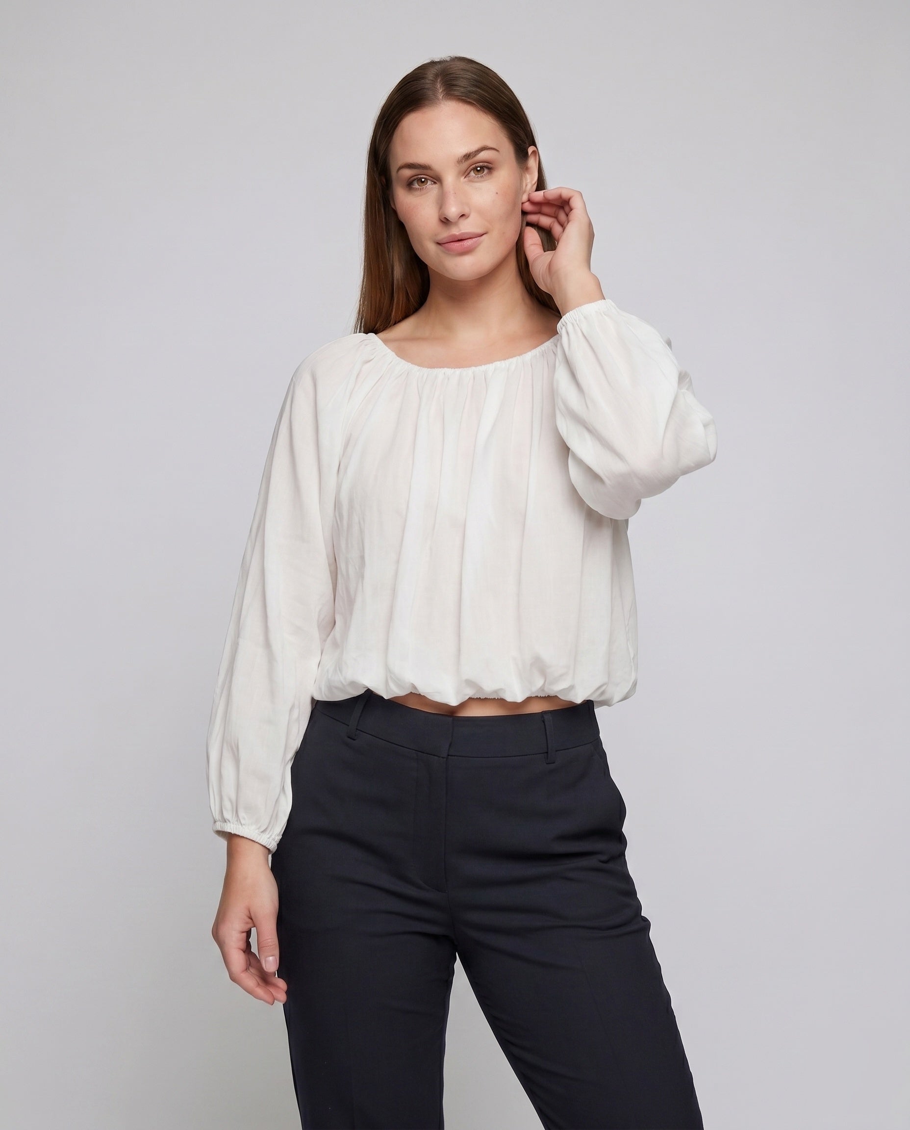 Women's Airy Blouse Shirt with Elastic Puff Sleeves - Upper Body View