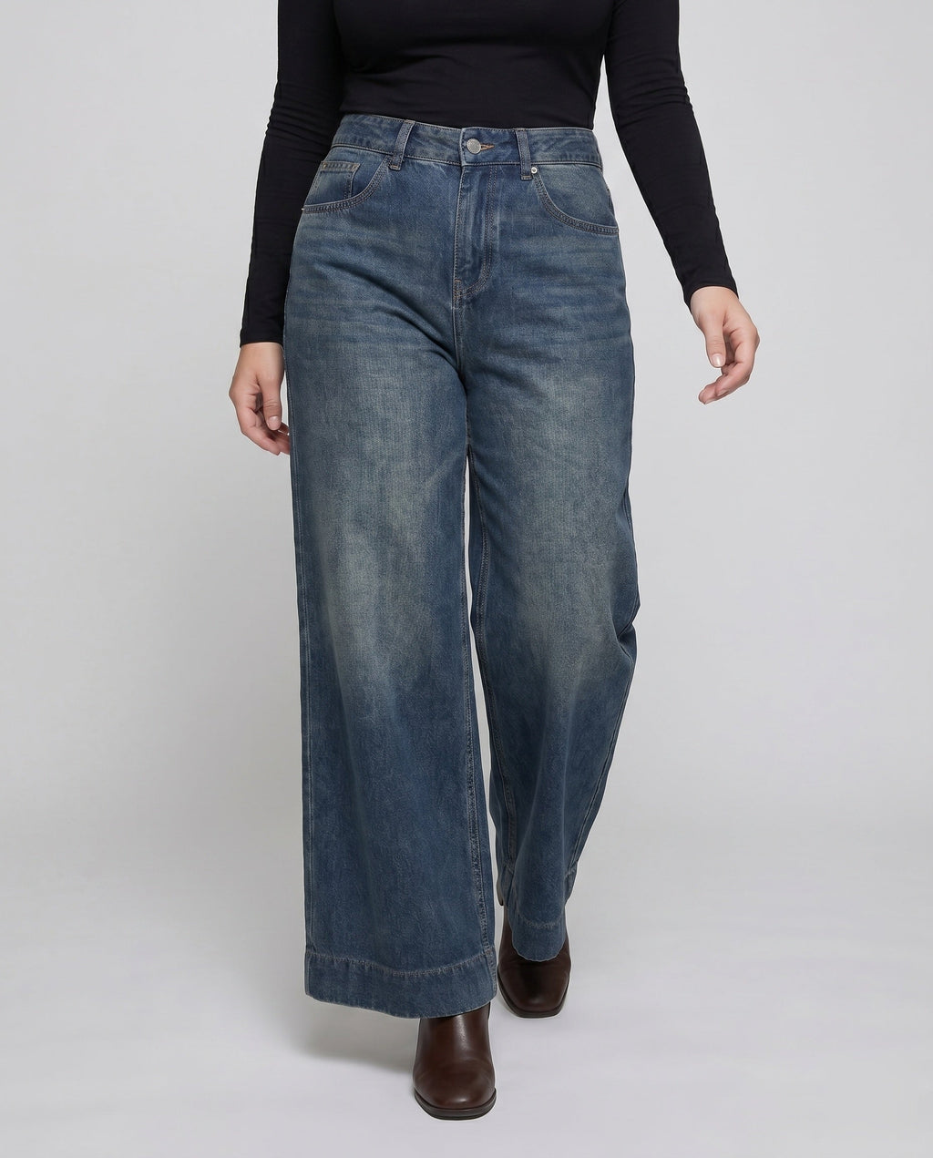 Women's Wide-Cut Denim Pants - Lower Body View