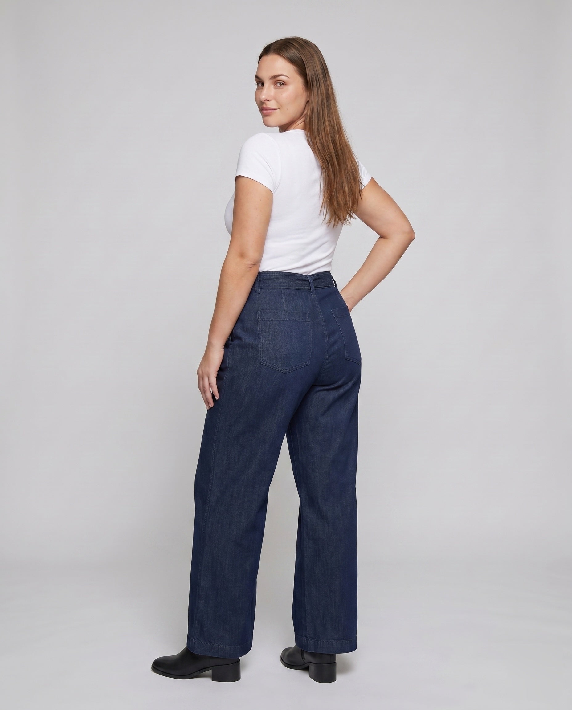 Women's Wide Denim Pants with Elastic Waistband and Practical Pockets - Back View