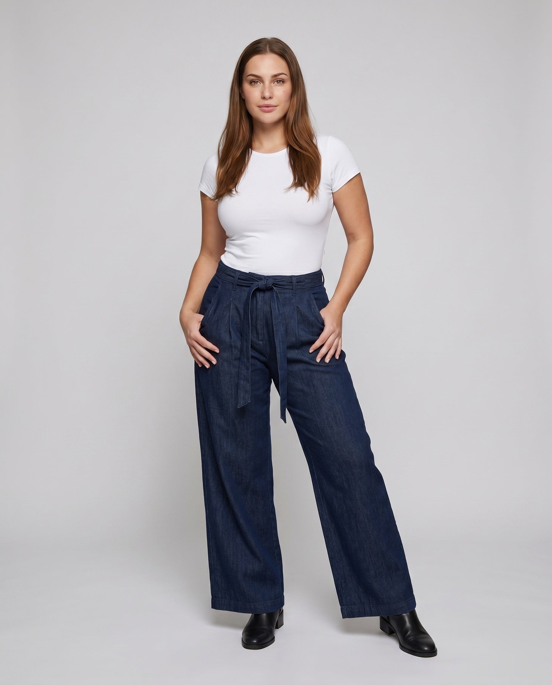 Women's Wide Denim Pants with Elastic Waistband and Practical Pockets - Front View