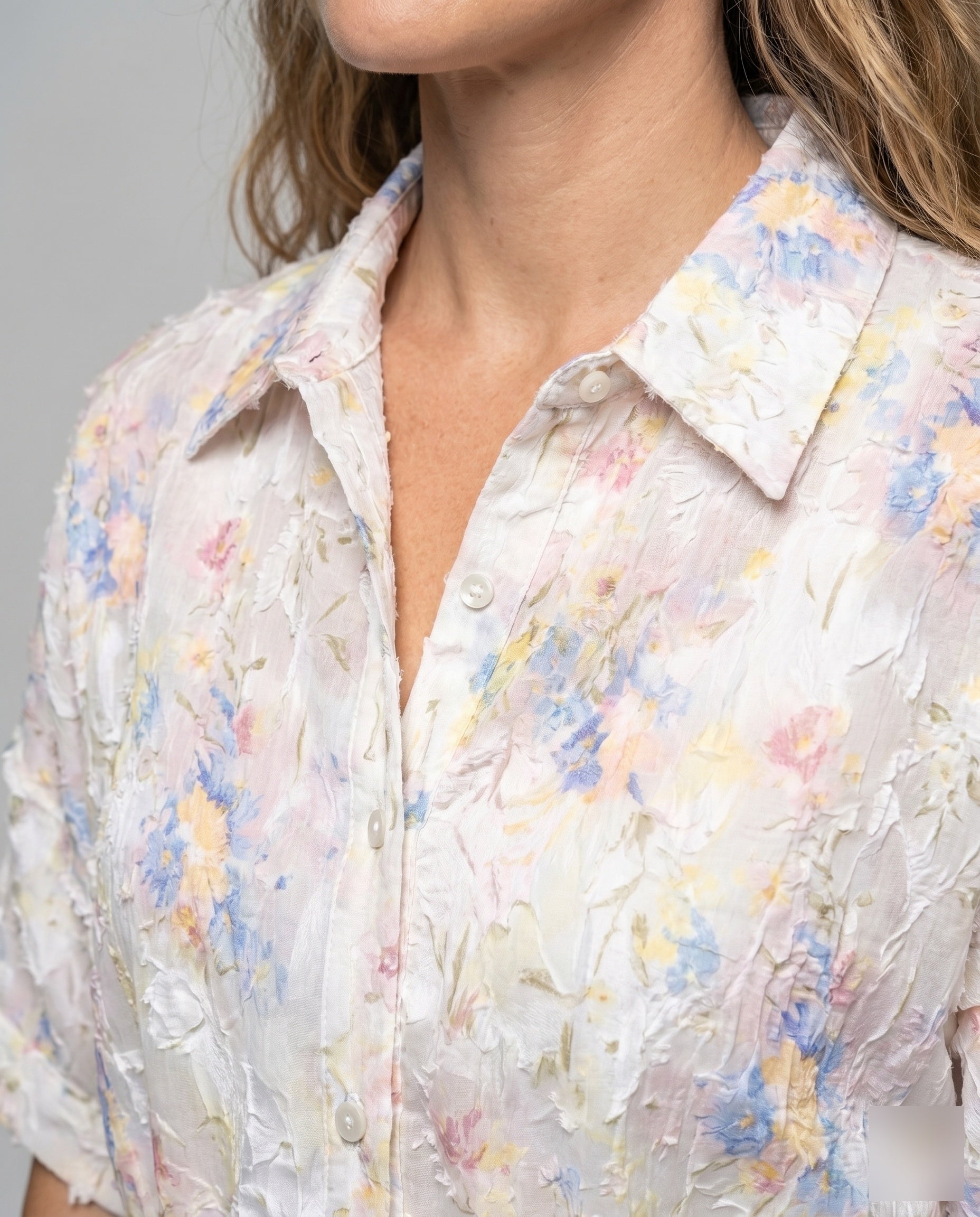 Women's Shirt Dress in a Casual Style with Floral Details - Close-Up Detail