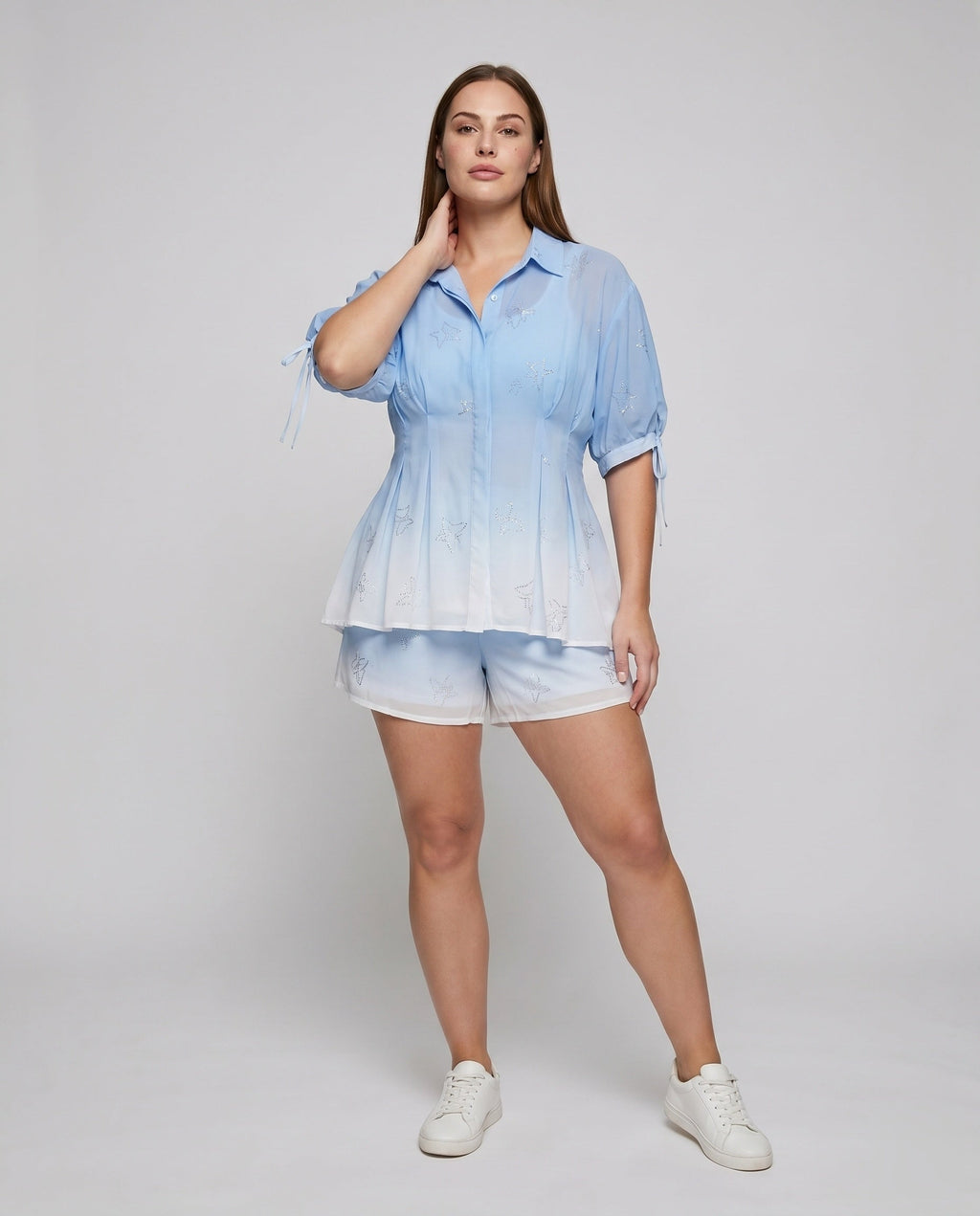 Women's Elegant Cut Blouse Set with Bright Star Pattern - Front View