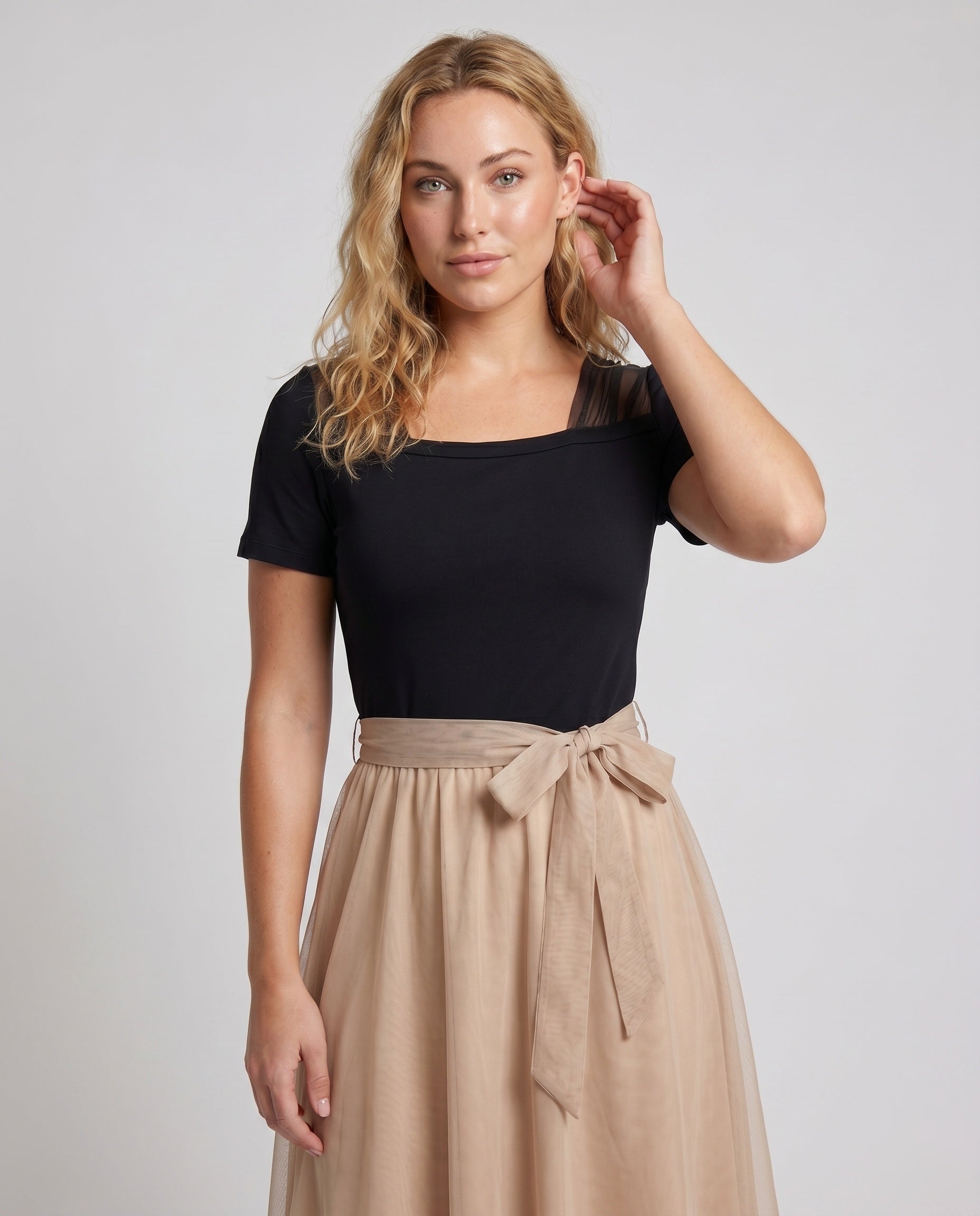 Women's Elegant Blouse Dress with Asymmetrical Skirt - Upper Body View