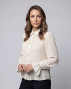 Women's Elegant Pleated Blouse Dress with Waist Belt - Upper Body View