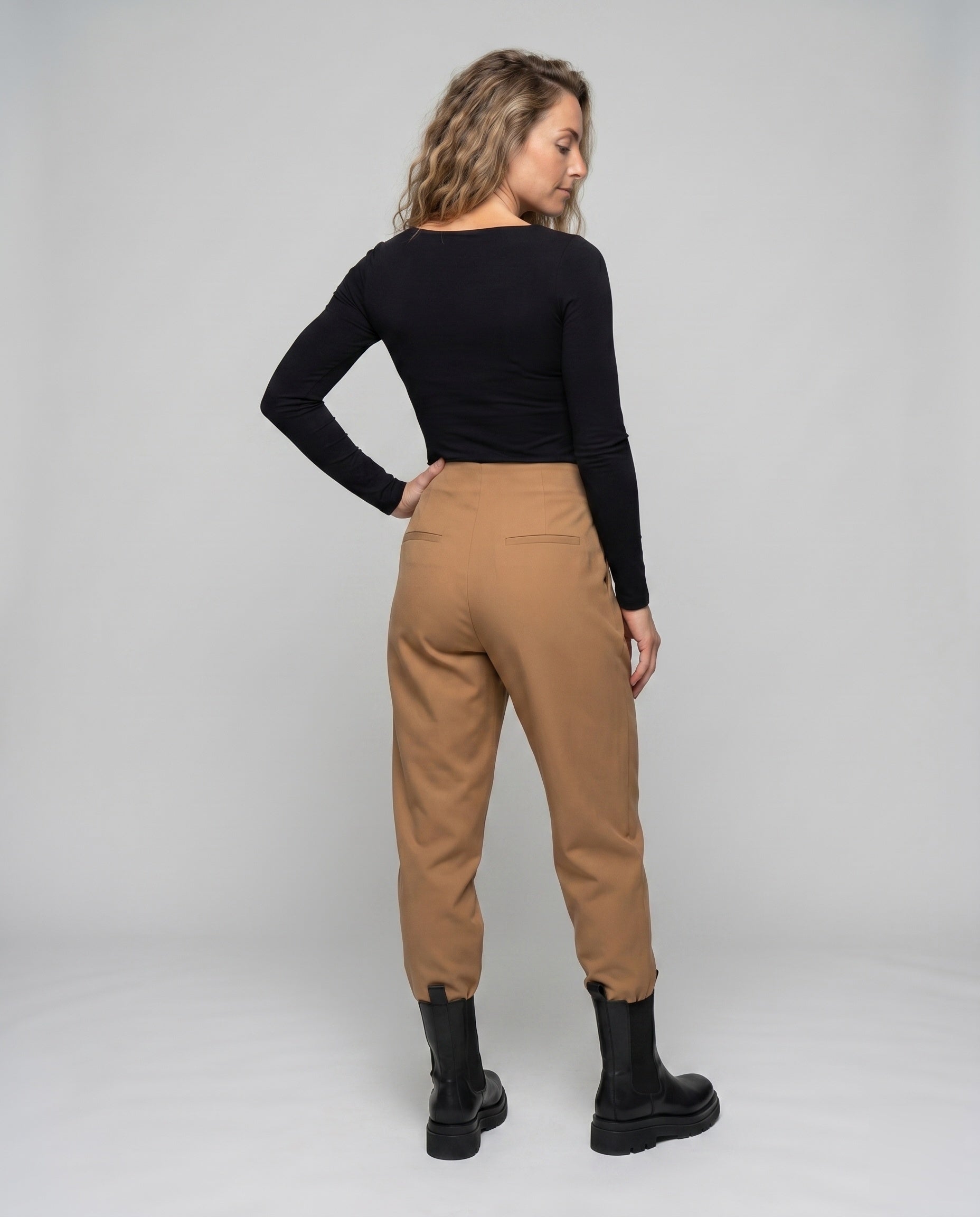 Women's Stylish Chino Pants with Elastic Waistband, Practical Pockets - Back View