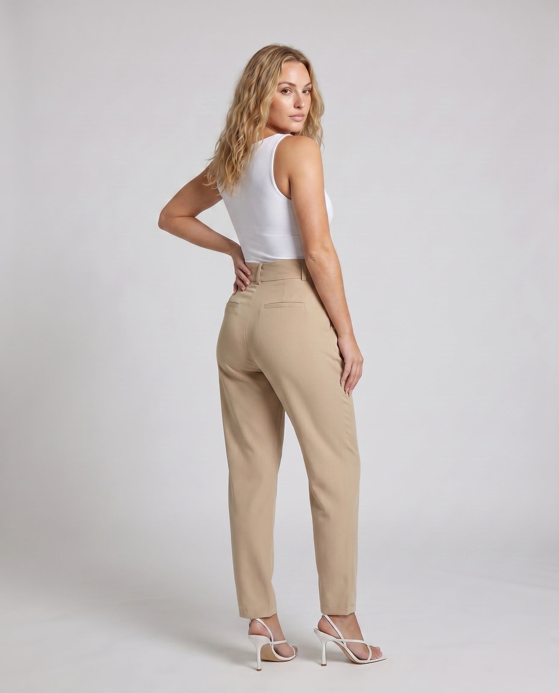 Women's Elegant High-Waist Pants with Pleats and Practical Pockets - Back View