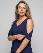 Women's Casual Blouse Shirt with Special Shoulder Cutouts - Upper Body View