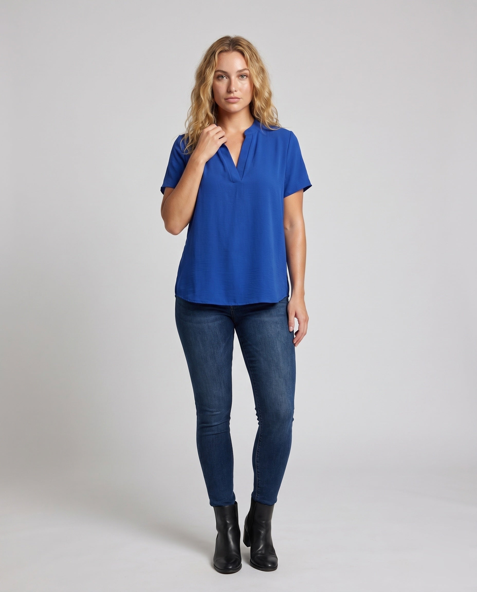 Women's Loose Blouse Top with V-Neck and Short Sleeve - Front View