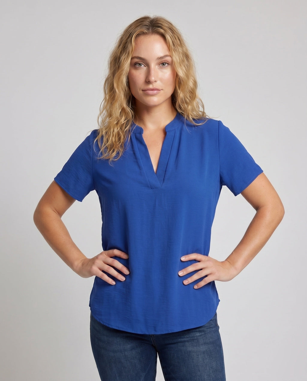 Women's Loose Blouse Top with V-Neck and Short Sleeve - Upper Body View