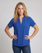 Women's Loose Blouse Top with V-Neck and Short Sleeve - Upper Body View
