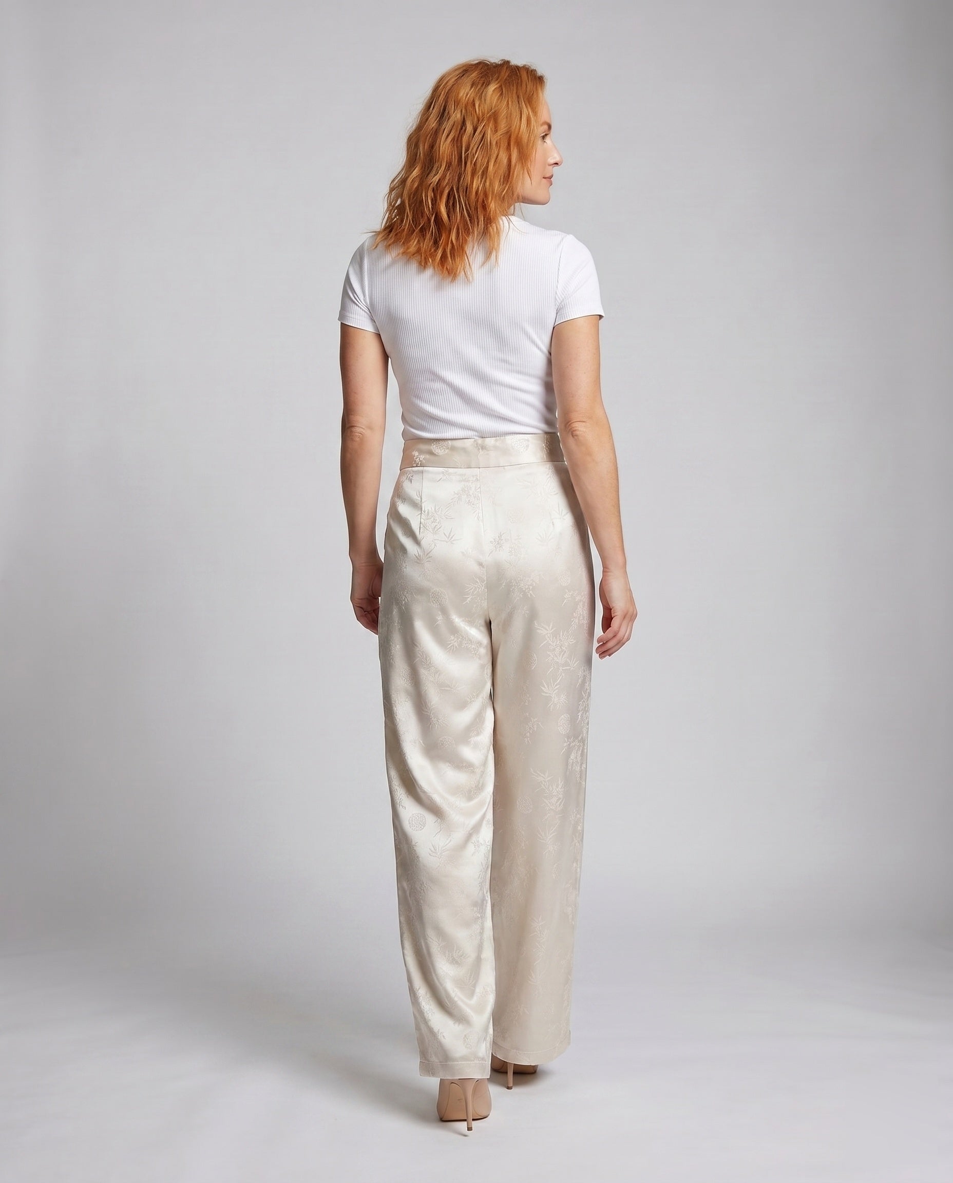 Women's Elegant Satin Pants with Floral Pattern and Elastic Waistband - Back View