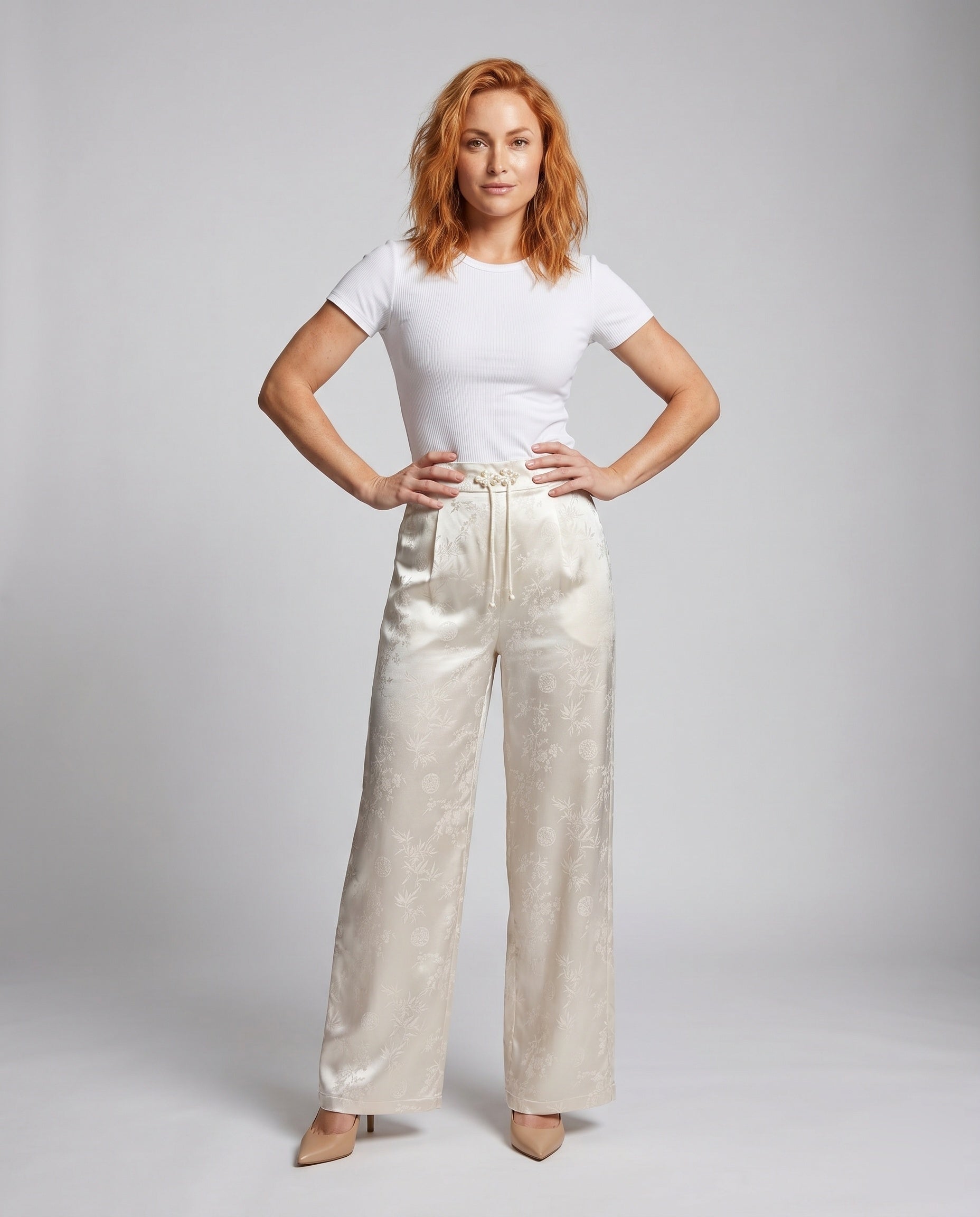 Women's Elegant Satin Pants with Floral Pattern and Elastic Waistband - Front View