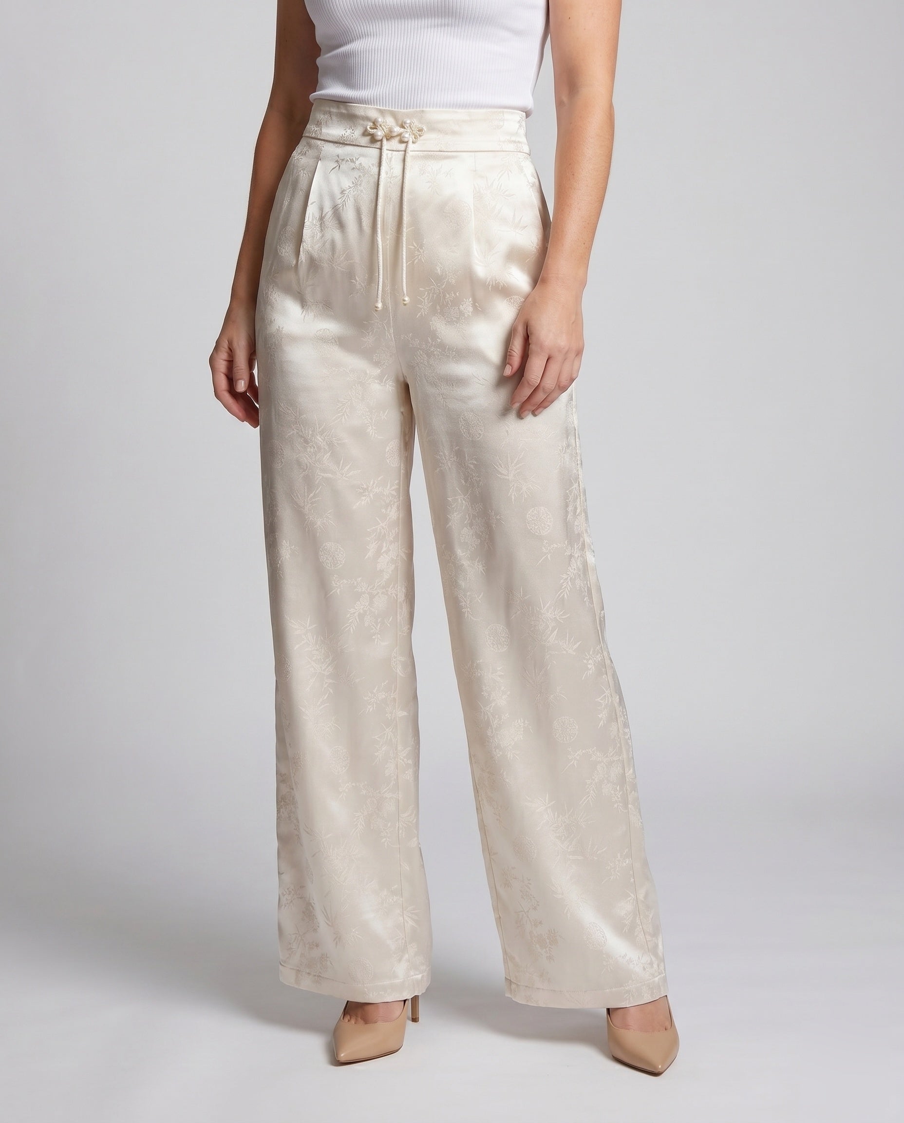Women's Elegant Satin Pants with Floral Pattern and Elastic Waistband - Lower Body View