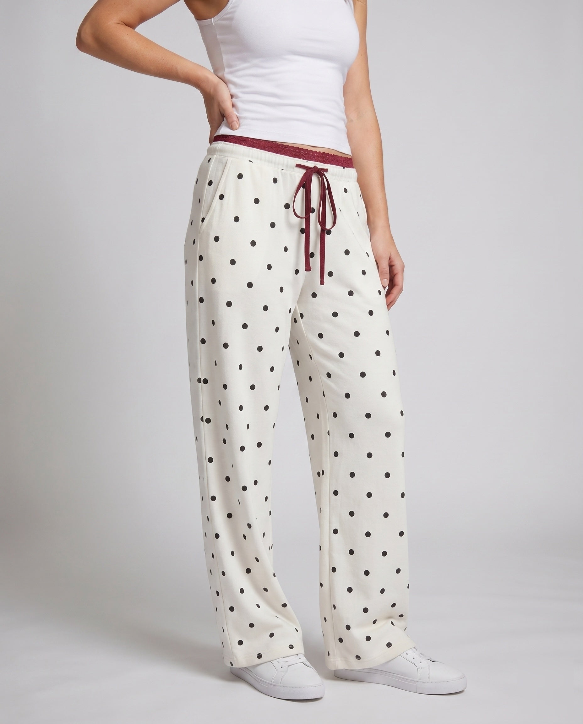 Women's Fine Satin Lounge Pants in Pajama Style with Wide Leg - Lower Body View
