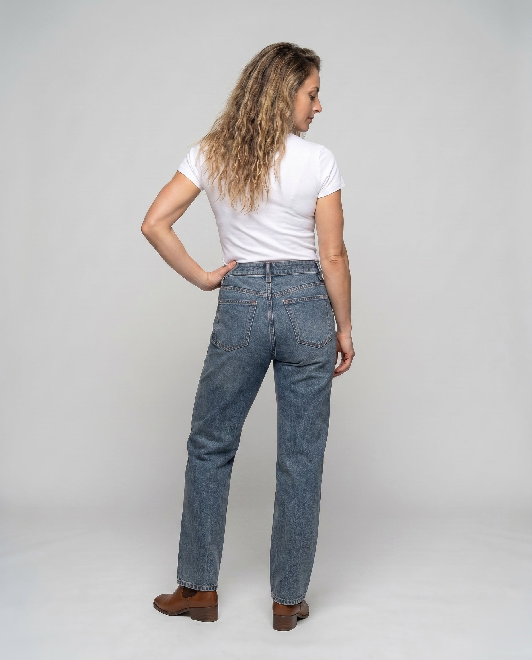 Women's High-Waisted Jeans with Wide Leg, Straight Cut - Back View