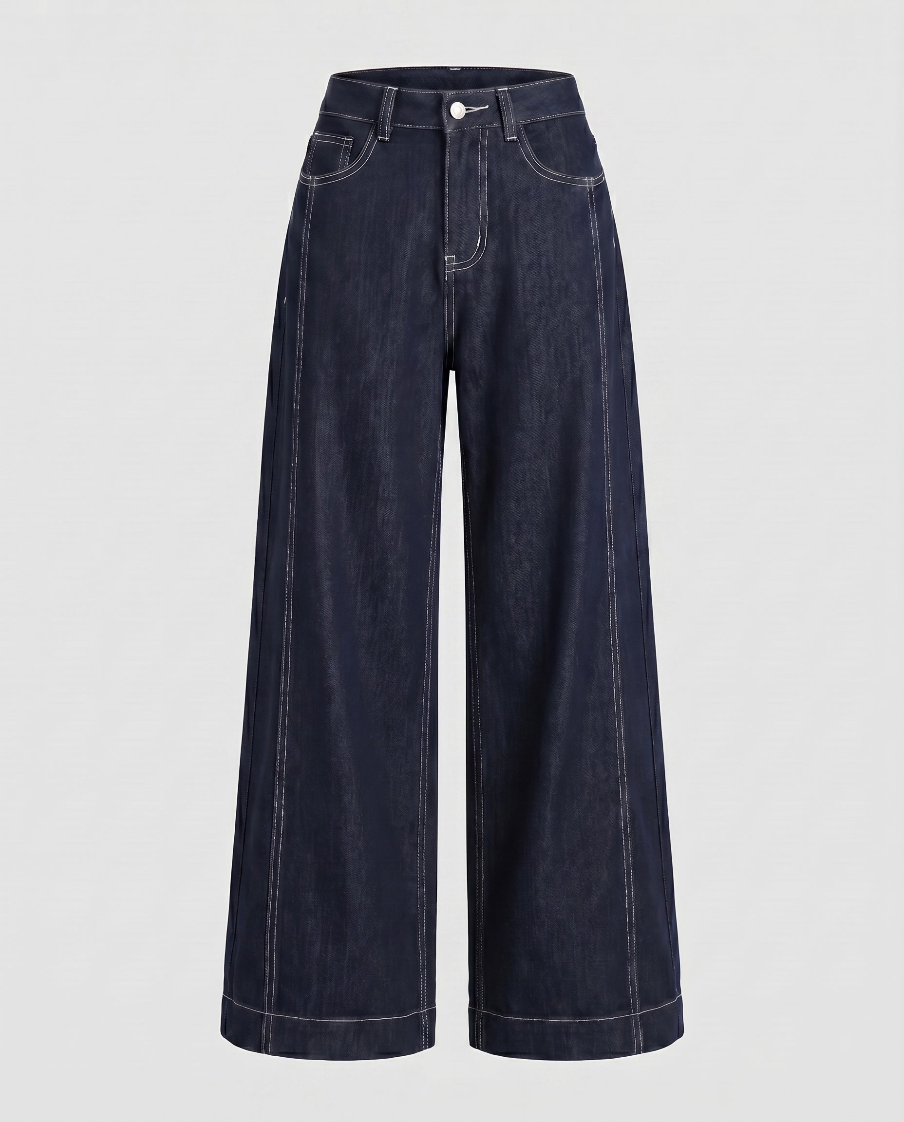 Women's High-Waisted Wide Denim Pants with Striking Contrast Stitching