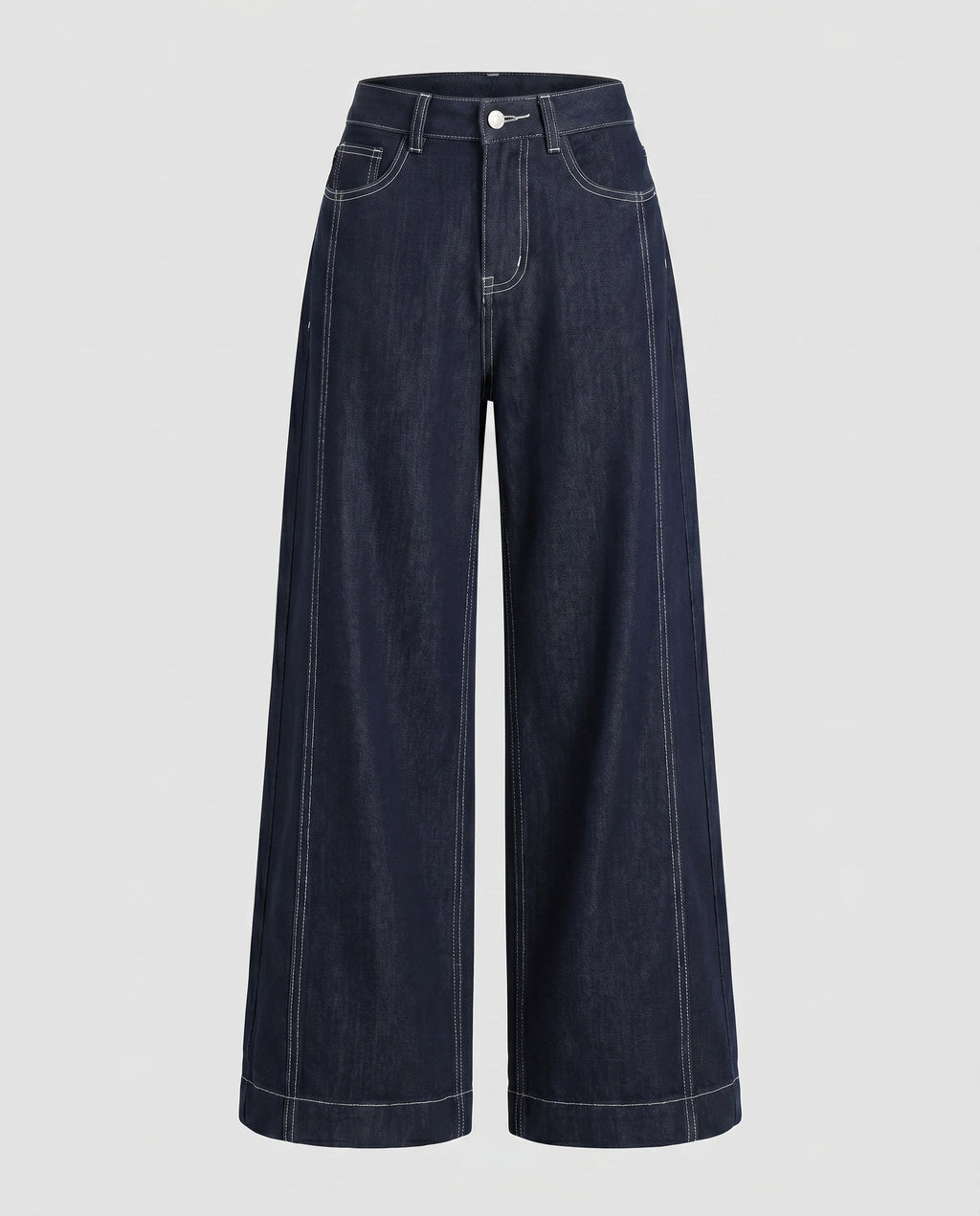 Women's High-Waisted Wide Denim Pants with Striking Contrast Stitching