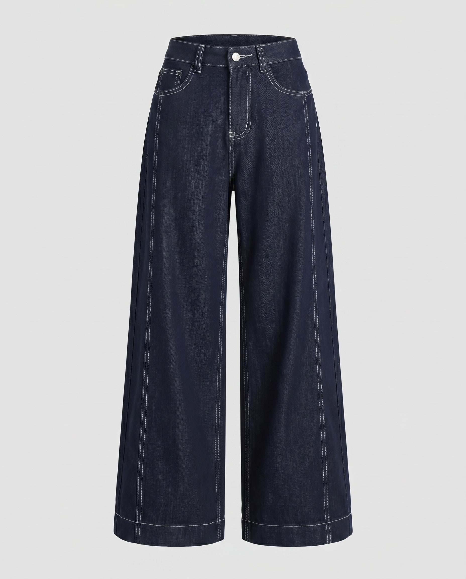 Women's High-Waisted Wide Denim Pants with Striking Contrast Stitching