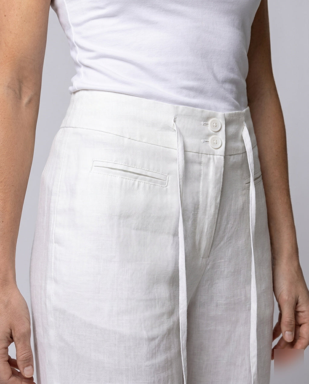 Women's High-Waisted Linen Palazzo Pants with Drawstring - Close-Up Detail