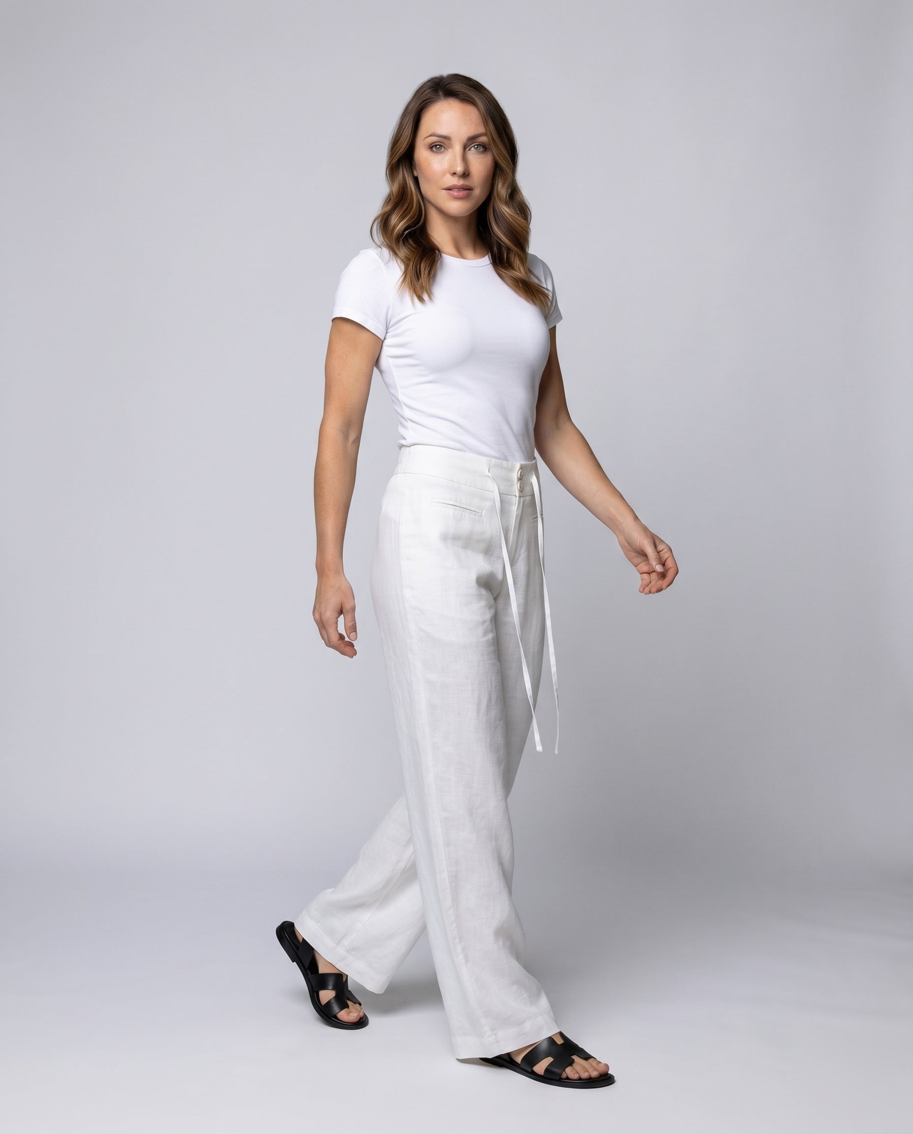 Women's High-Waisted Linen Palazzo Pants with Drawstring - Front View