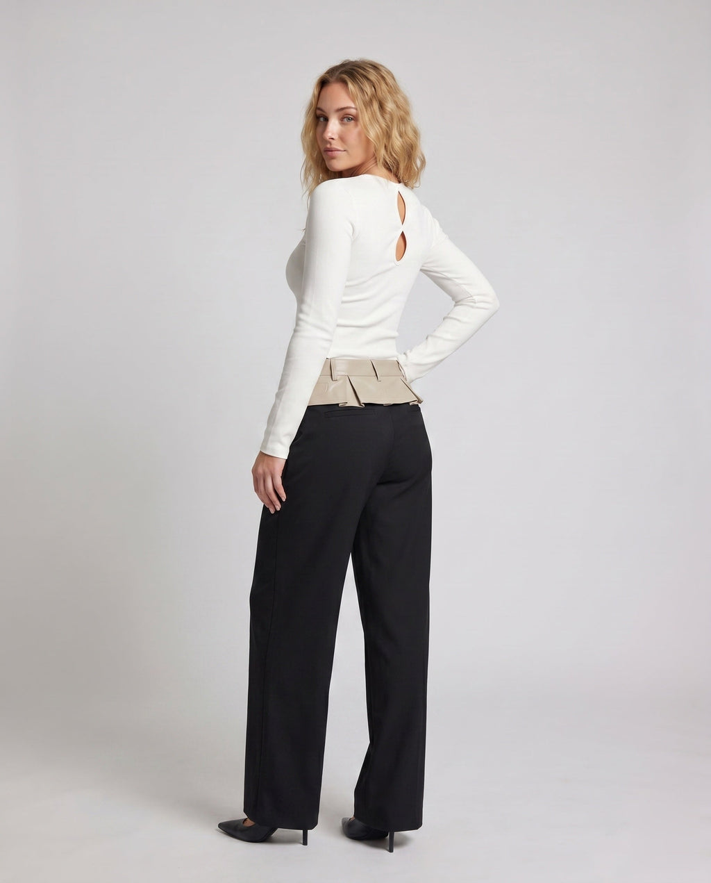Women's High-Waisted Wide Fabric Trousers - Back View