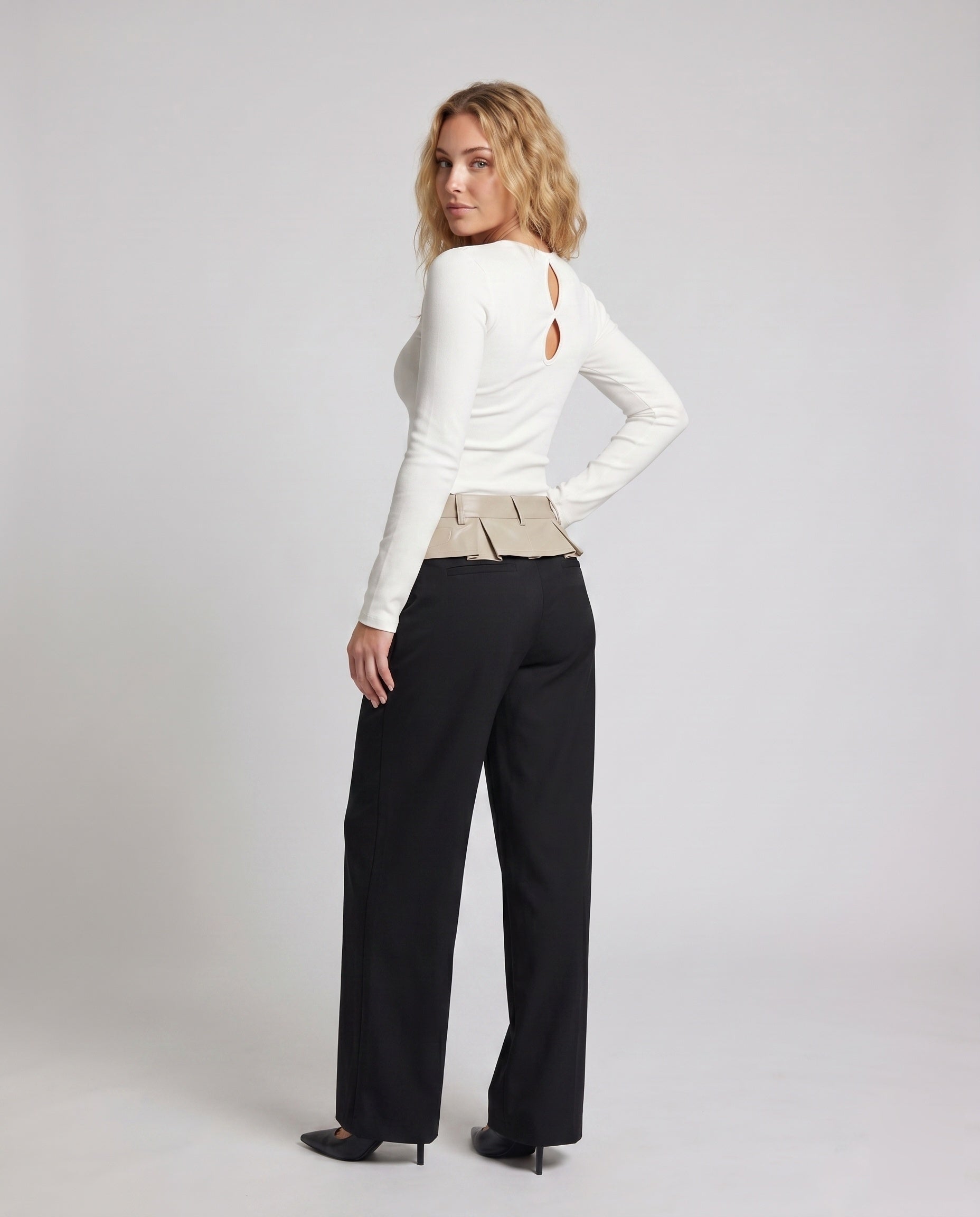 Women's High-Waisted Wide Fabric Trousers - Back View