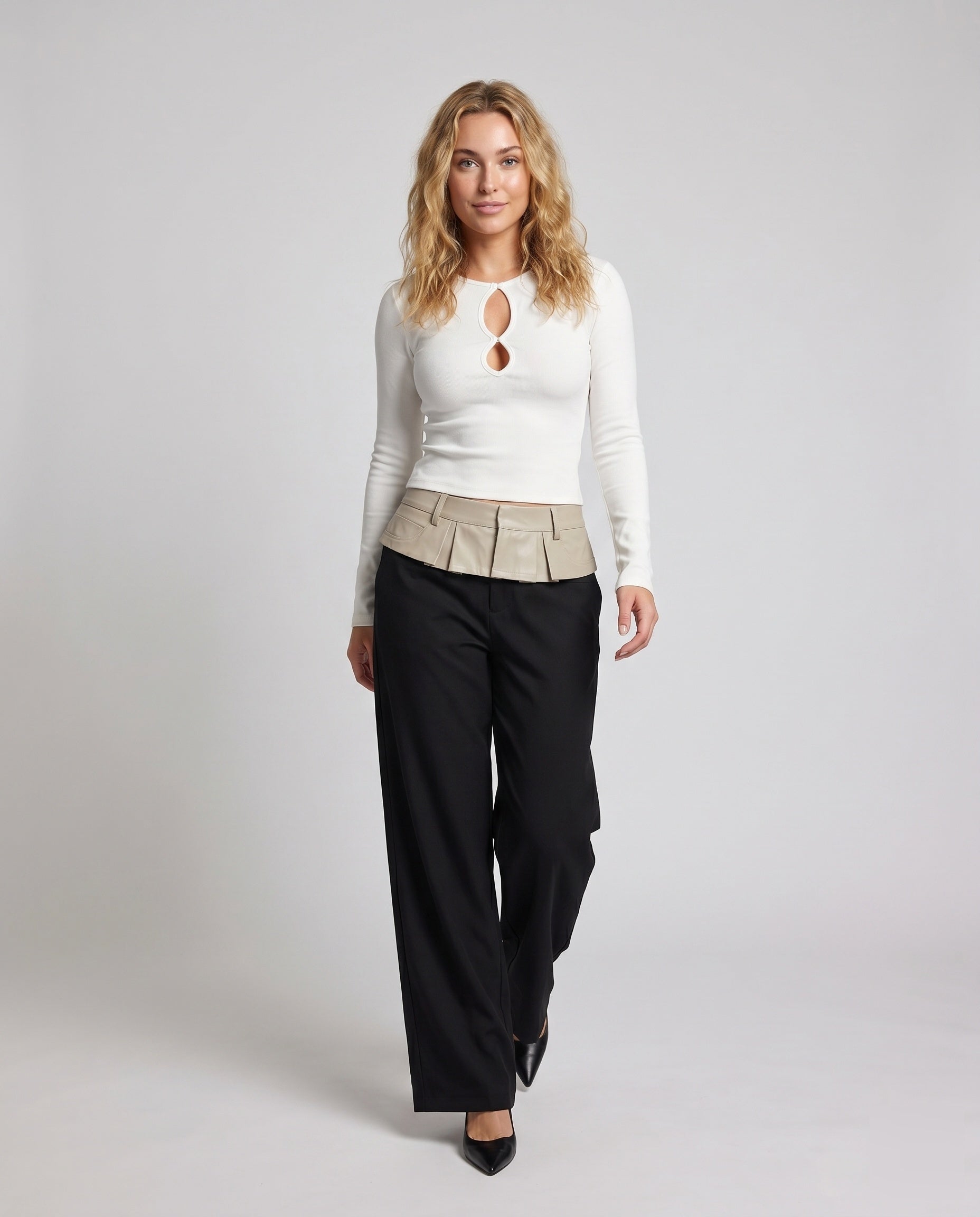 Women's High-Waisted Wide Fabric Trousers - Front View