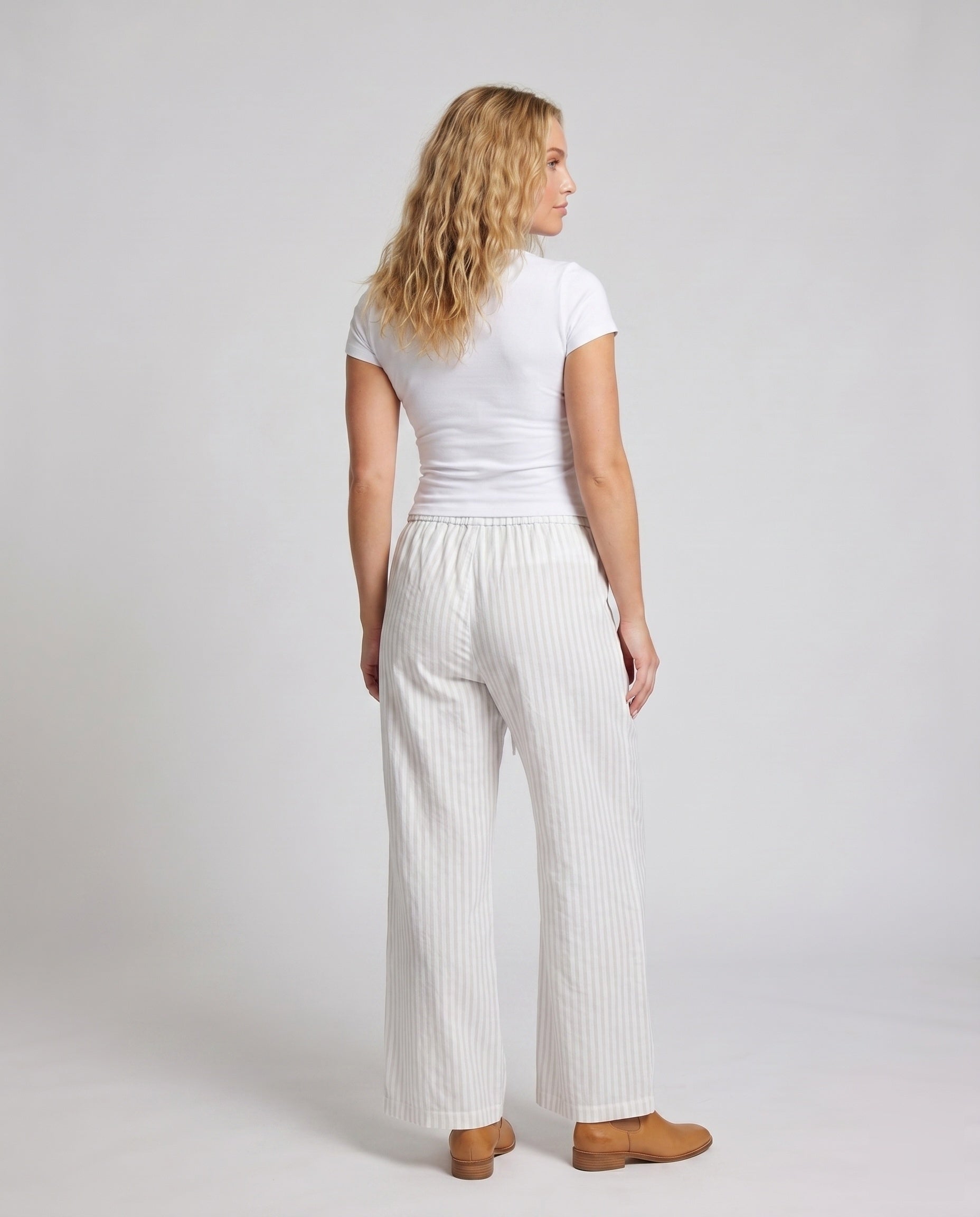 Women's Casual Pinstripe Relax Pants with Elastic Waistband - Back View