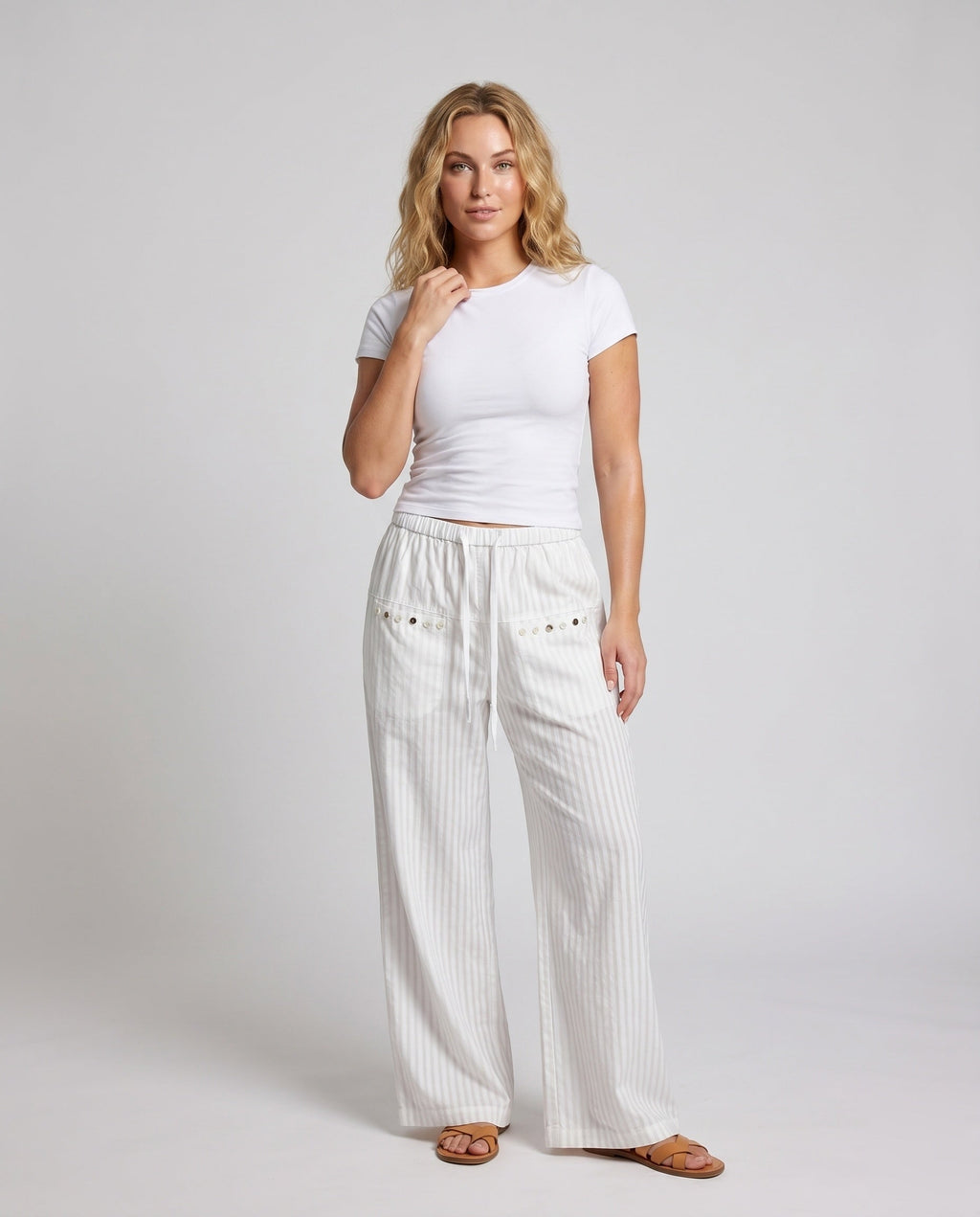 Women's Casual Pinstripe Relax Pants with Elastic Waistband - Front View