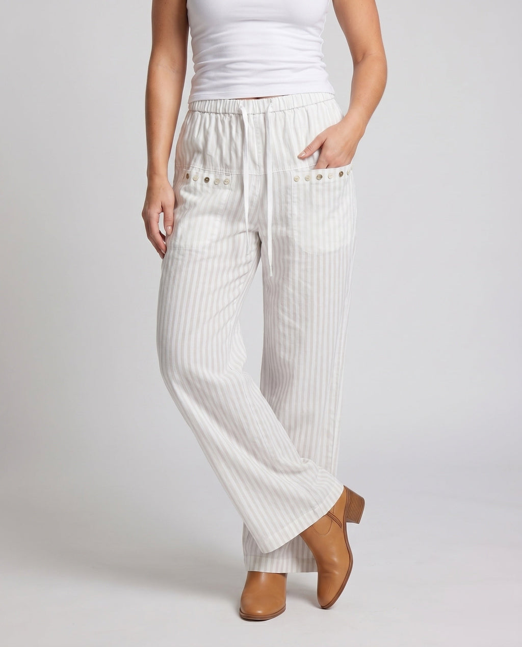 Women's Casual Pinstripe Relax Pants with Elastic Waistband - Lower Body View