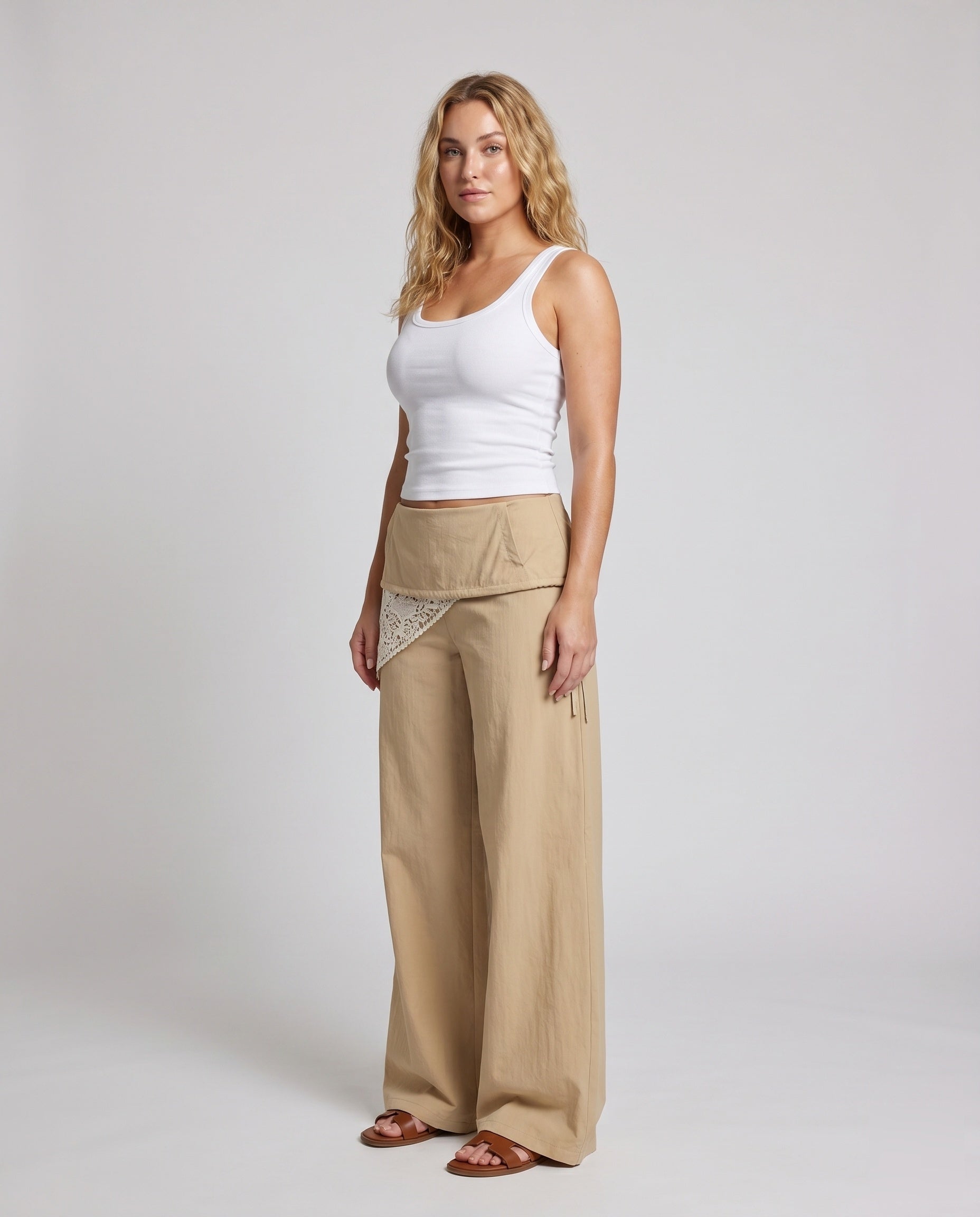 Women's Palazzo Pants with Attached Mini Overlay, Crochet Lace Insert - Front View