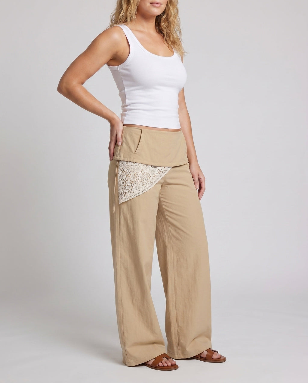 Women's Palazzo Pants with Attached Mini Overlay, Crochet Lace Insert - Lower Body View