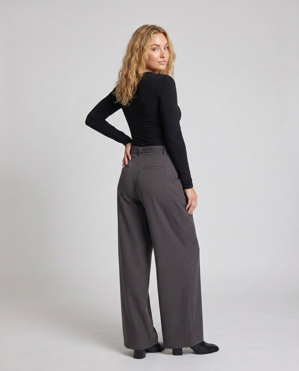 Women's Wide High-Waist Palazzo Pants with Tie Belt - Back View