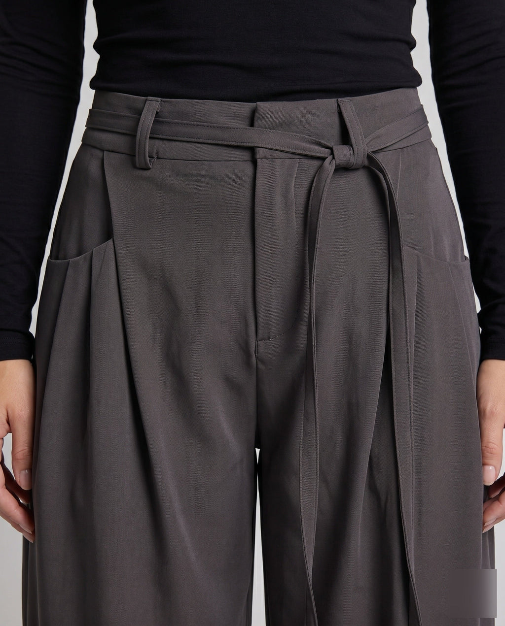 Women's Wide High-Waist Palazzo Pants with Tie Belt - Close-Up Detail