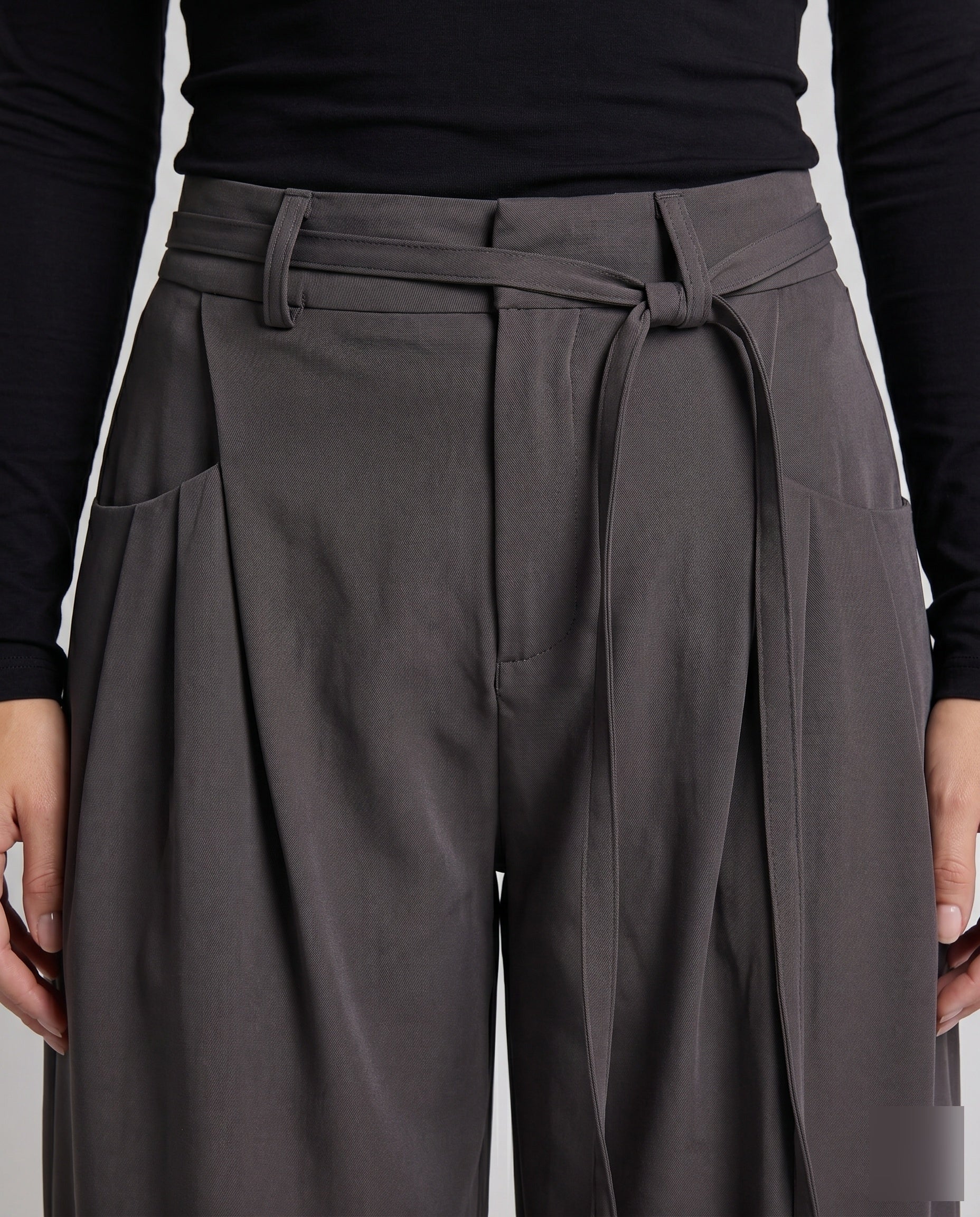 Women's Wide High-Waist Palazzo Pants with Tie Belt - Close-Up Detail