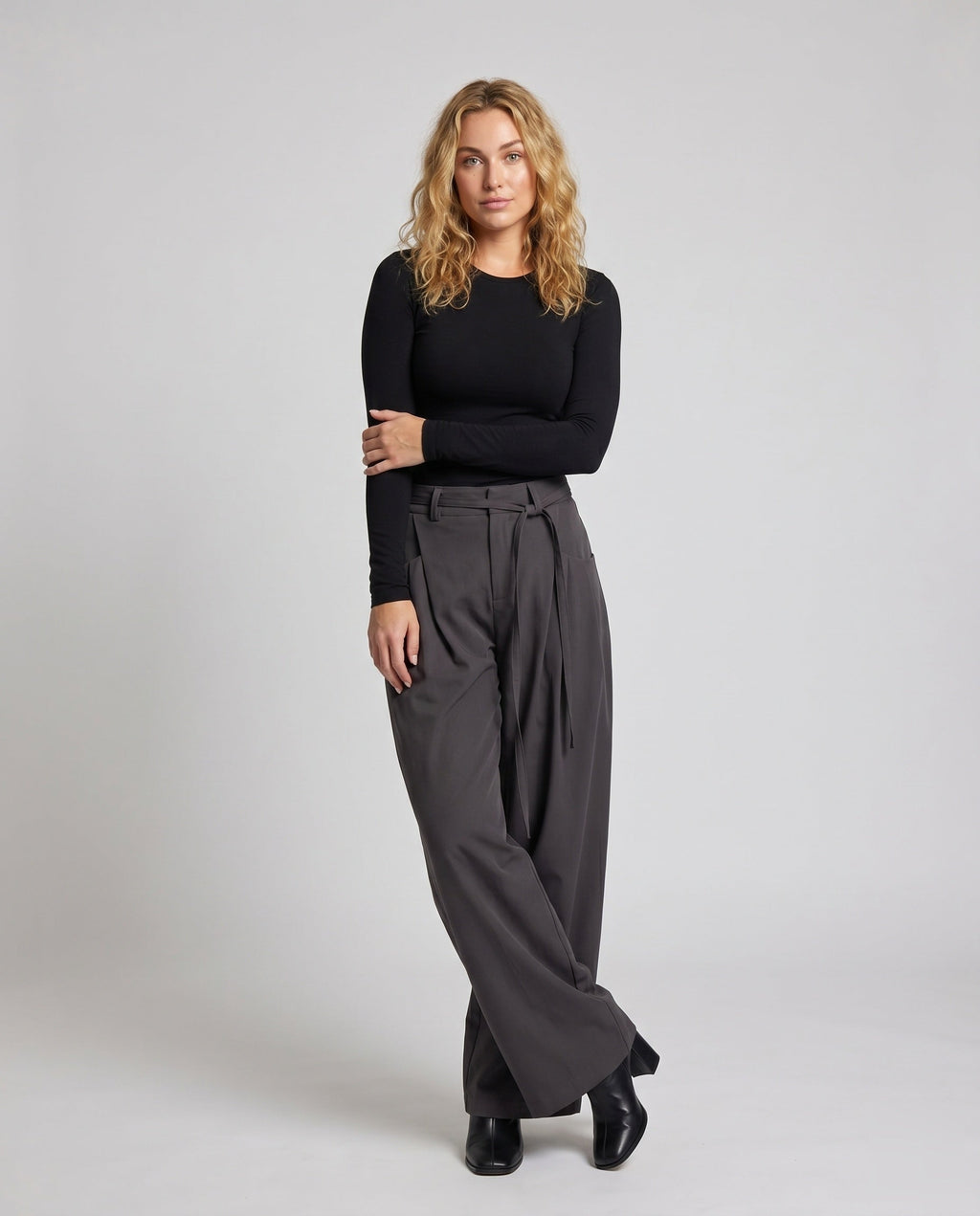 Women's Wide High-Waist Palazzo Pants with Tie Belt - Front View