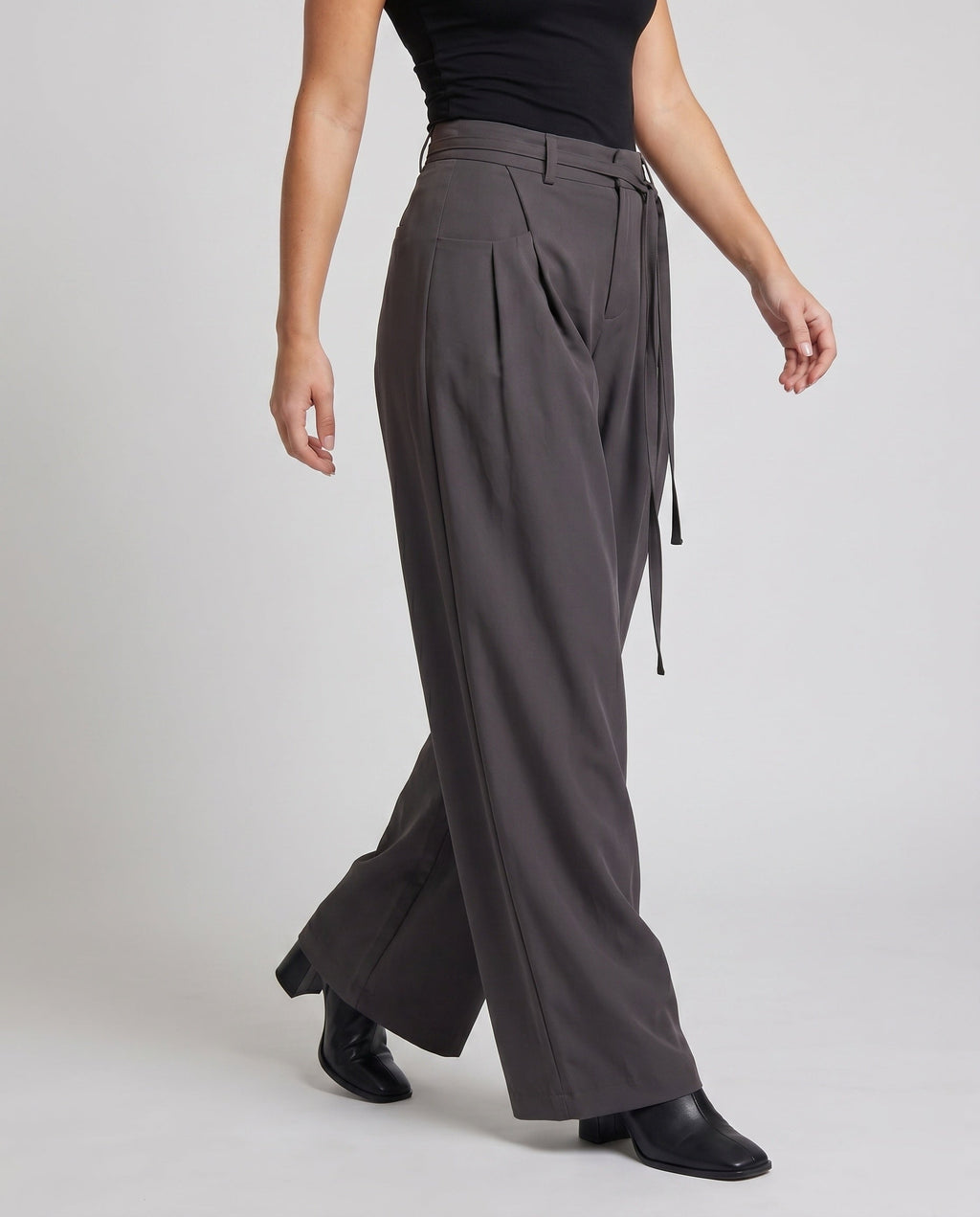 Women's Wide High-Waist Palazzo Pants with Tie Belt - Lower Body View