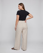 Women's Wide Linen Lounge Pants with High Waistband, Drawstring - Back View