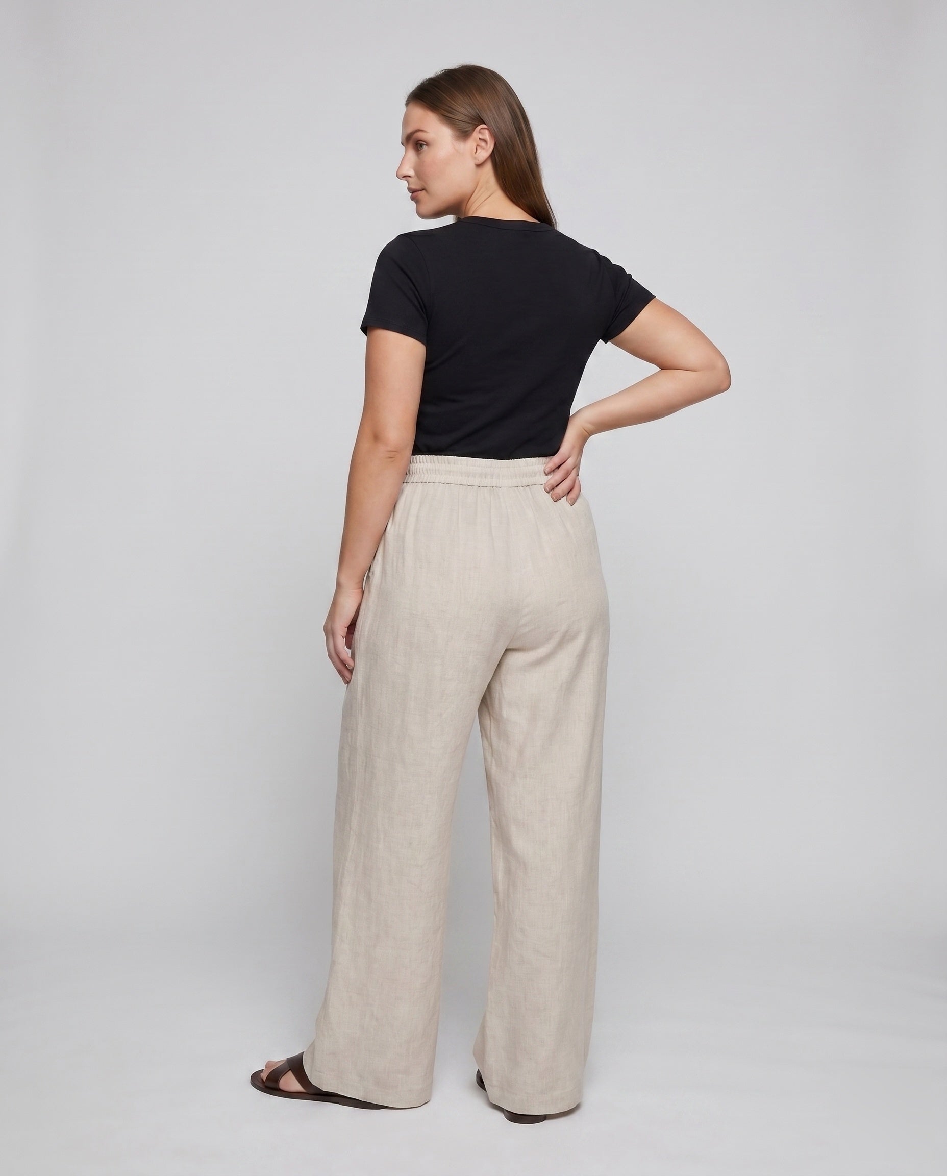 Women's Wide Linen Lounge Pants with High Waistband, Drawstring - Back View