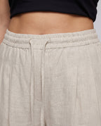 Women's Wide Linen Lounge Pants with High Waistband, Drawstring - Close-Up Detail