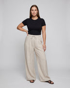 Women's Wide Linen Lounge Pants with High Waistband, Drawstring - Front View