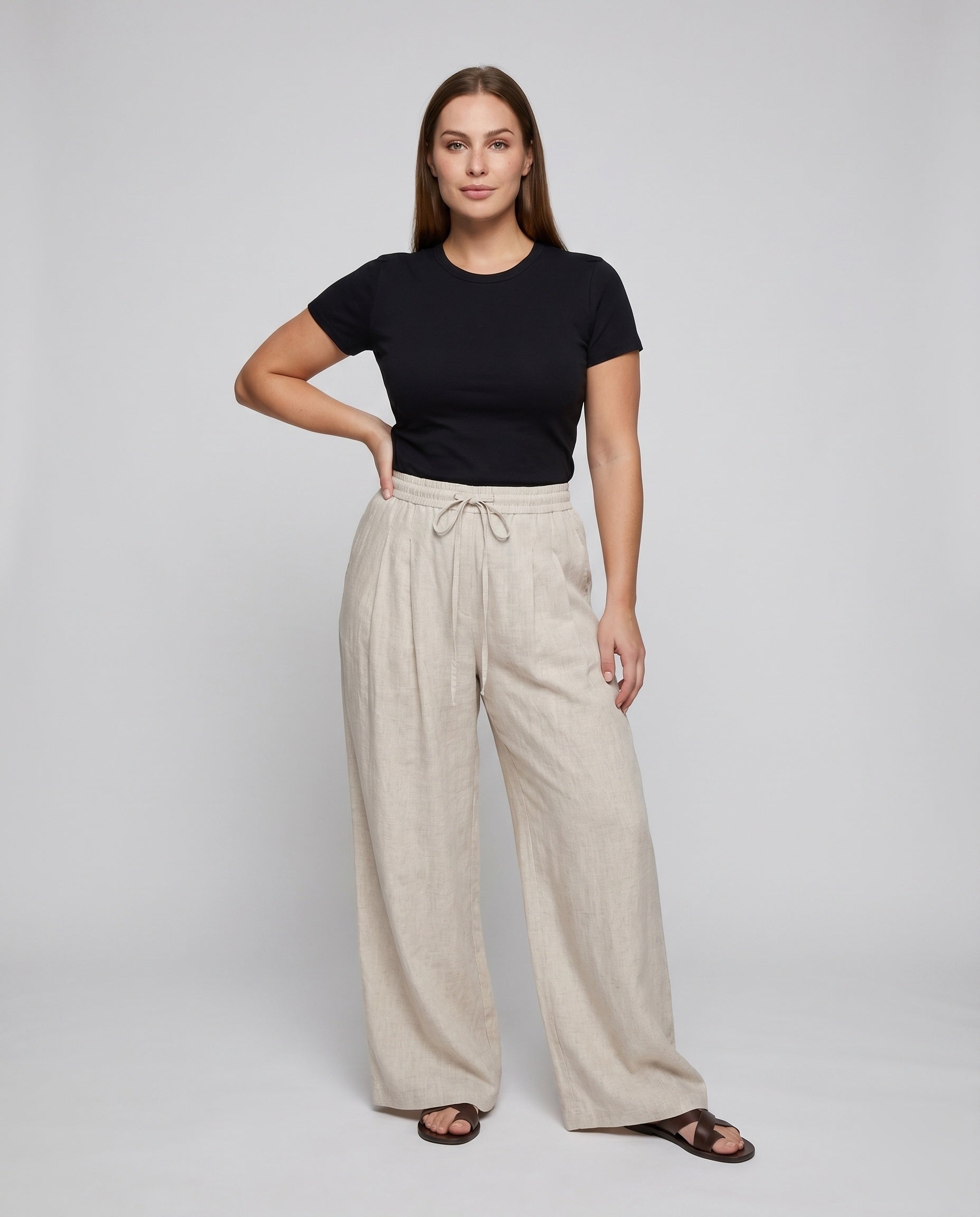 Women's Wide Linen Lounge Pants with High Waistband, Drawstring - Front View