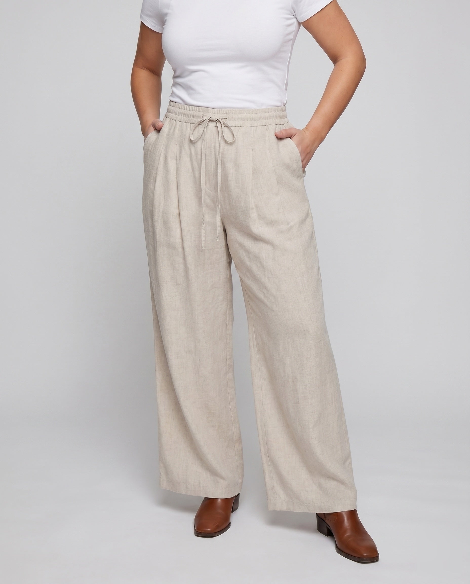 Women's Wide Linen Lounge Pants with High Waistband, Drawstring - Lower Body View