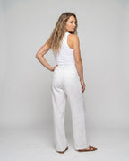 Women's Wide Linen Pants with High Waist, Pleats, and Side Pockets - Back View