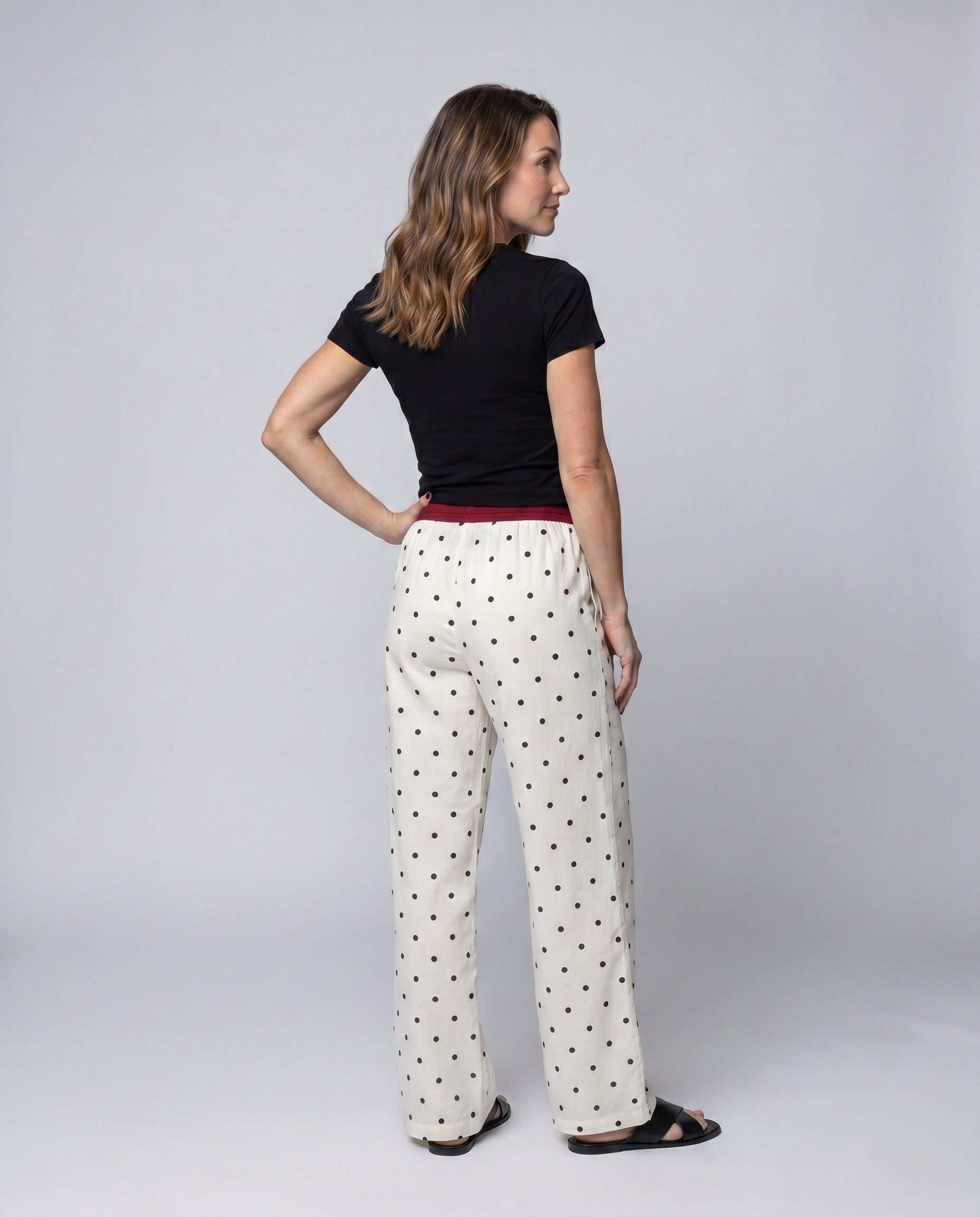 Women's Wide Polka Dot Palazzo Pants with Elastic Comfort Waistband - Back View